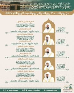 رئاسة الشؤون الدينية بالمسجد الحرام والمسجد النبوي: تحددالجدول الأسبوعي لأئمة الحرمين الشريفين 