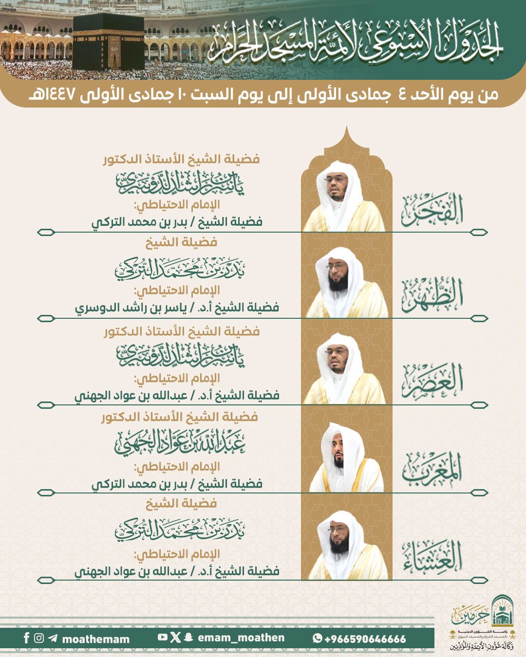 رئاسة الشؤون الدينية تعلن جدول أئمة الحرمين للأسبوع القادم