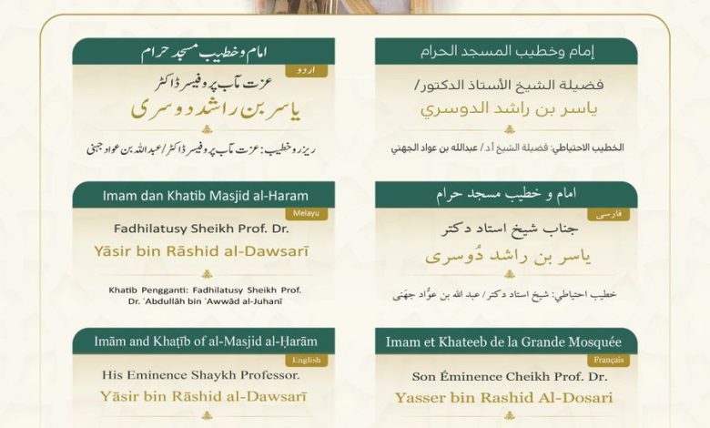 خطيبي الجمعة في الحرمين الشريفين ليوم 20 رجب 1447هـ